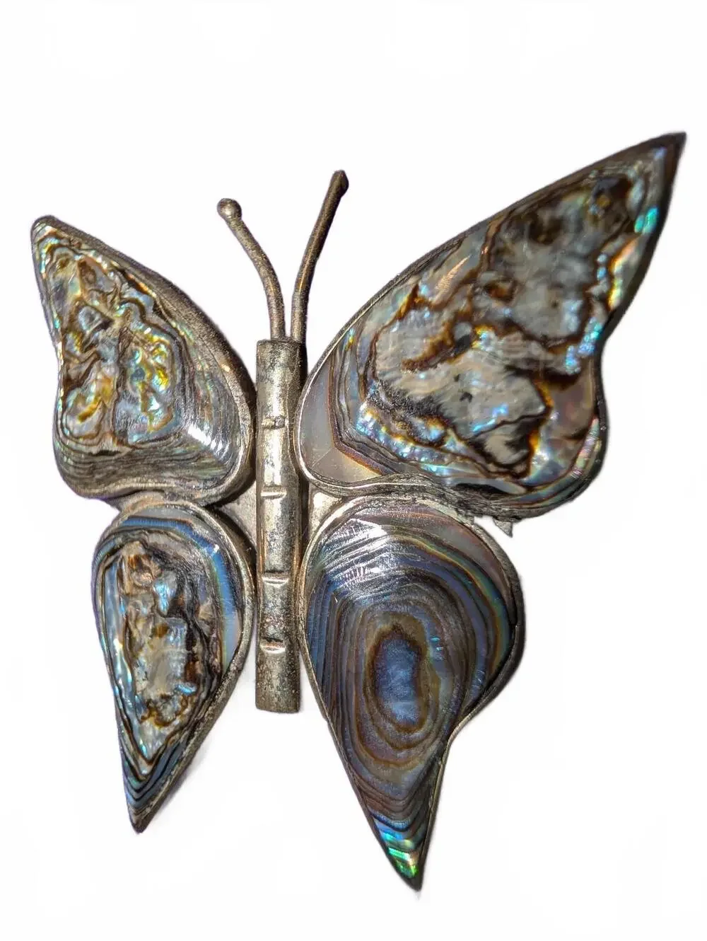 Vintage Alpaca Mexico Butterfly Brooch with Abalone Shell Inlay